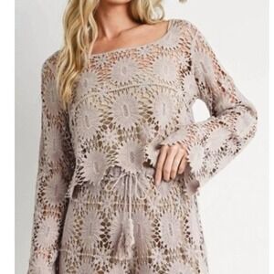 NEW Blue Ivy Crochet‎ Cropped Long Sleeve Top Beige Large